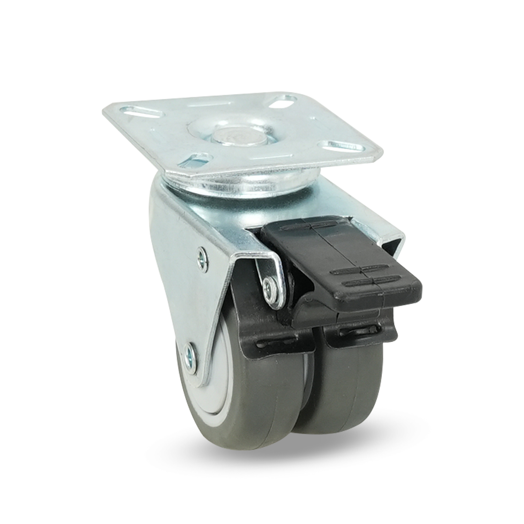 Klutch 2in. Dual-Wheel Swivel Caster with Brake, 200-Lb. Capacity, Thermoplastic Rubber, Zinc Finish
